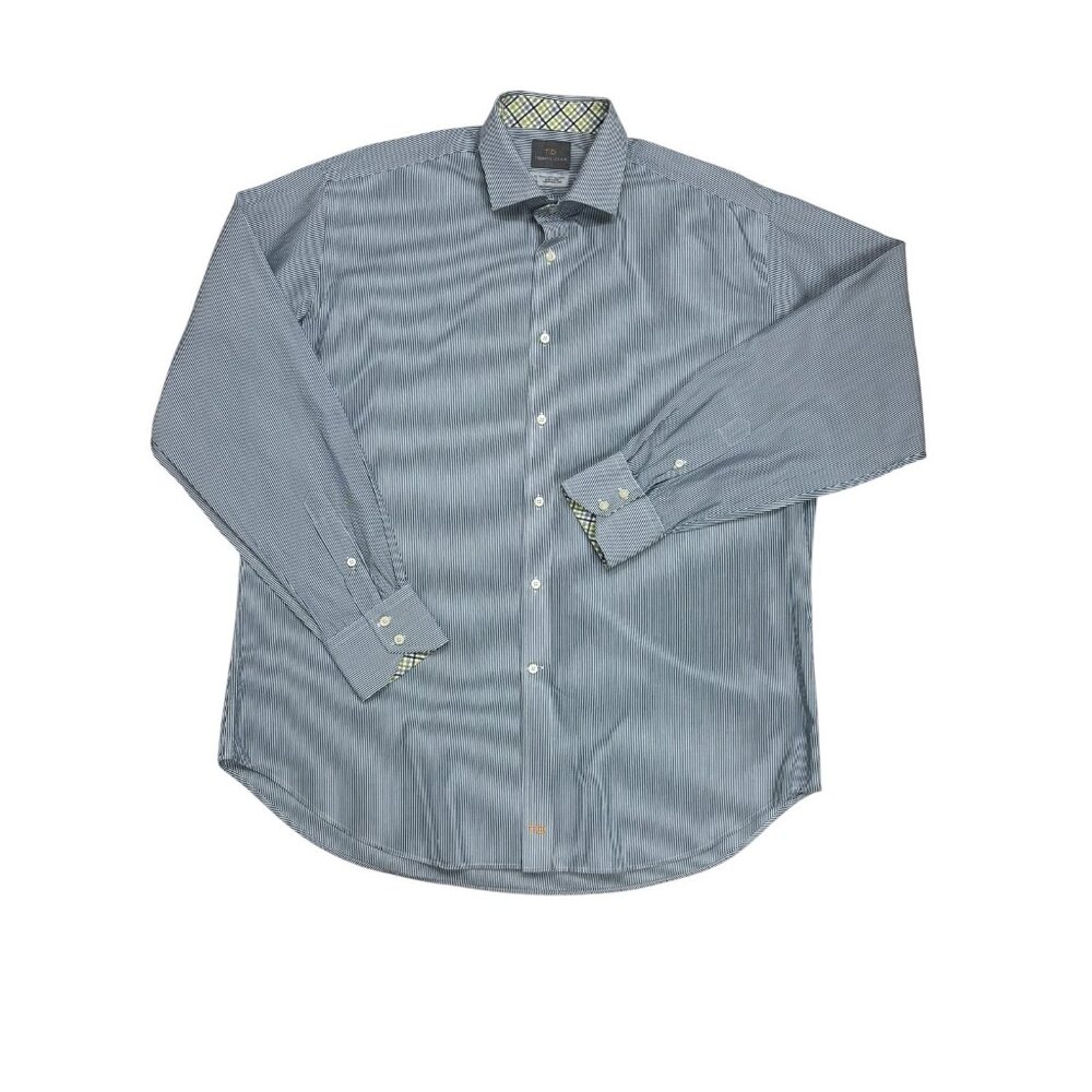 Thomas Dean Blue White Thin Stripe Pima Cotton Flip‎ Cuff LS Shirt - Picture 9 of 9